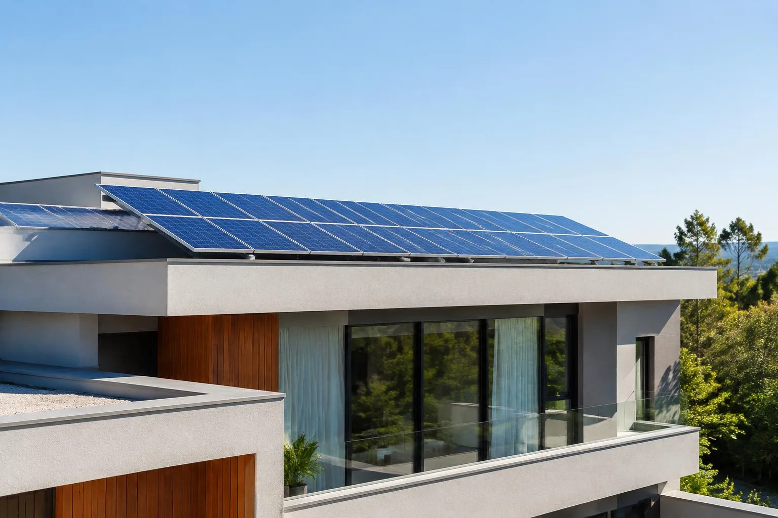 Painéis solares sobre uma construção contemporânea; imagem ilustrativa